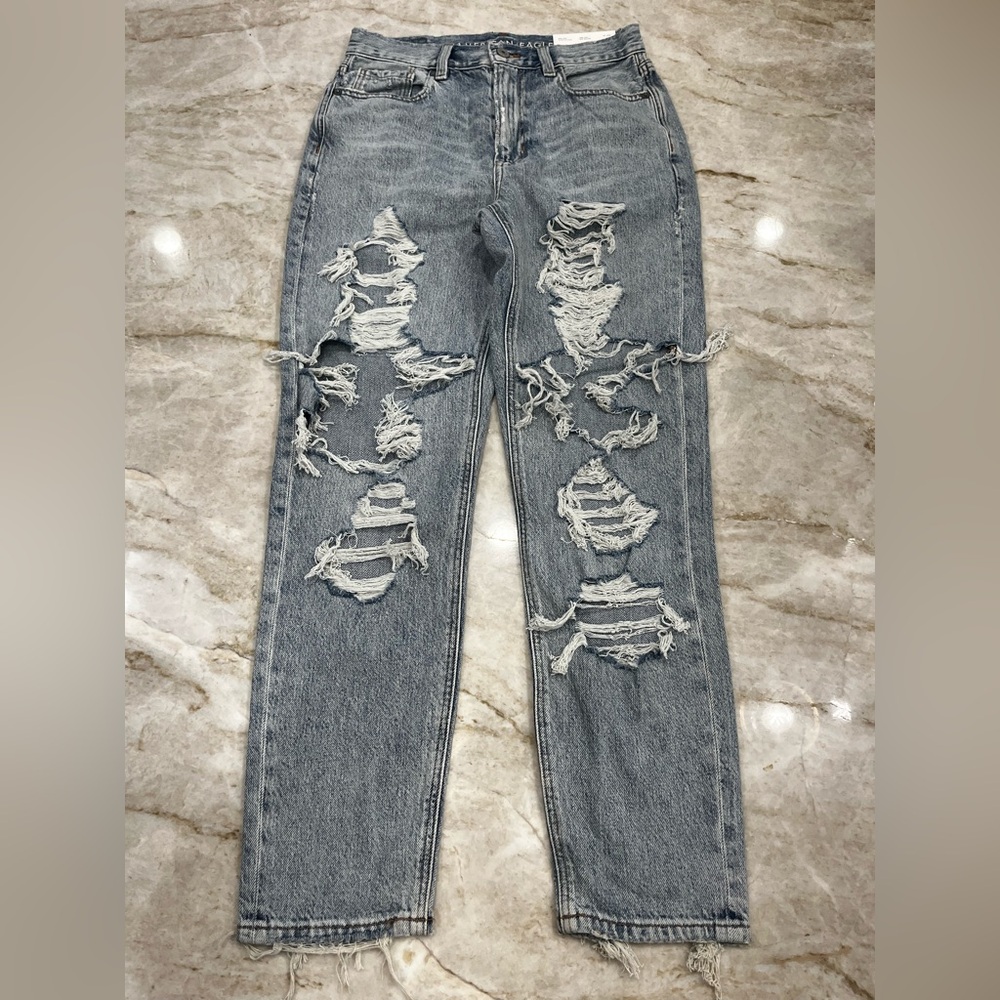 NEW American Eagle High Rise Mom Jeans Distressed Blown Out Blue 100% Cotton 2 - Picture 3 of 12